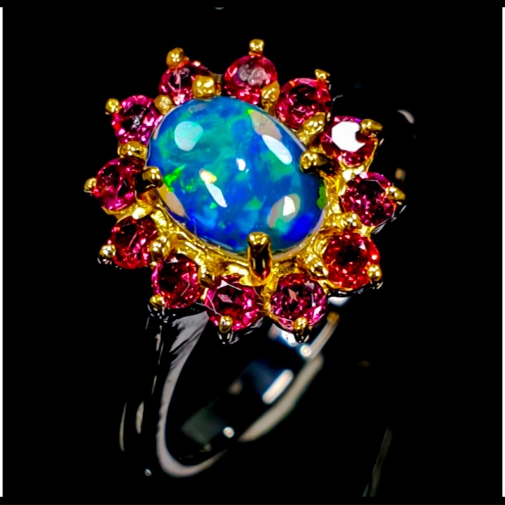 Amazing Genuine Ethiopian Opal 14k and Rhodolite Garnet Ring